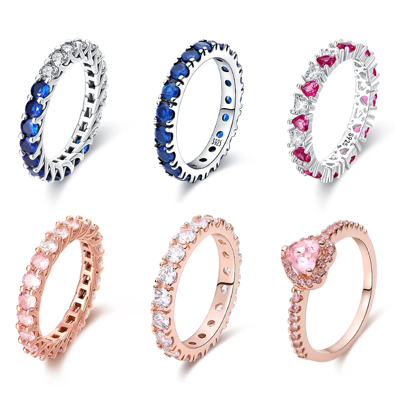 Anillos chapados en oro rosa para mujer, joyería fina de aniversario de boda, regalo de San Valentín, plata 925, circonita azul, corazón rosa