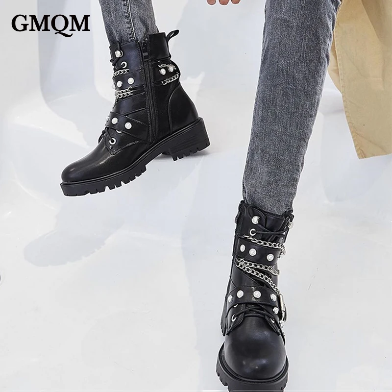 GMQM New 2023 Fashion Women\'s Ankle Boots Platform Round Toe Rivets Pearl Thick Sole Shoes Motorcycle Boots Punk Gothic Style