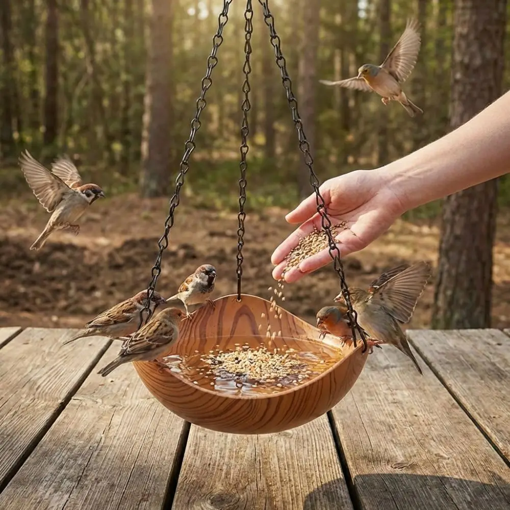 Retro Style Wood Grain Bird Feeders Thickened Iron Chains Open Bowl-shaped Hanging Bird Bath S Hooks Plastic
