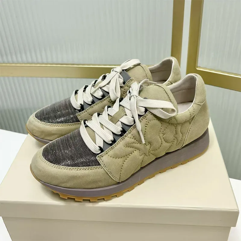

Luxury Sneakers Women Round Toe Lace Up Casual Shoes Woman Cow Suede Patchwork String Bead Comfort Flat Women's Sports Shoes