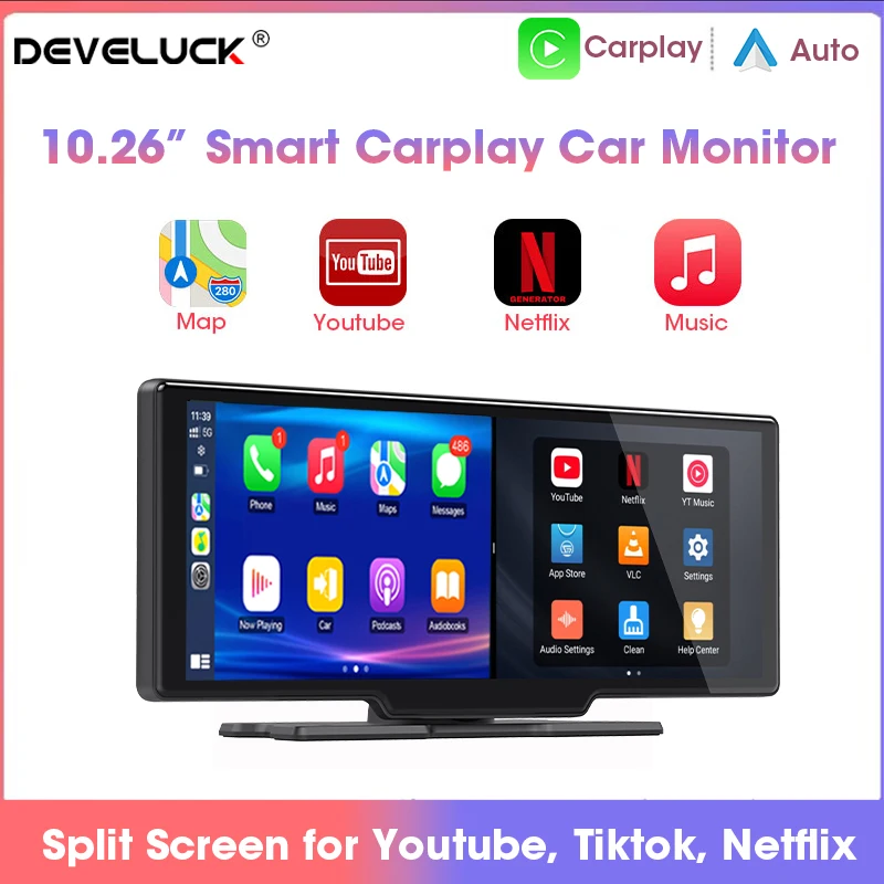 Develuck 10.26 "شاشة Carplay راديو السيارة الوسائط المتعددة فيديو أندرويد السيارات نظام تحديد المواقع والملاحة شاشة سبليت ليوتيوب Netflix Tiktok