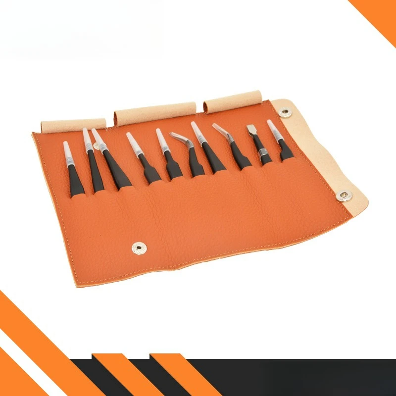 10pcs-esd-stainless-steel-tweezers-set-black-straight-curved-tip-electronic-tools-with-leather-bag