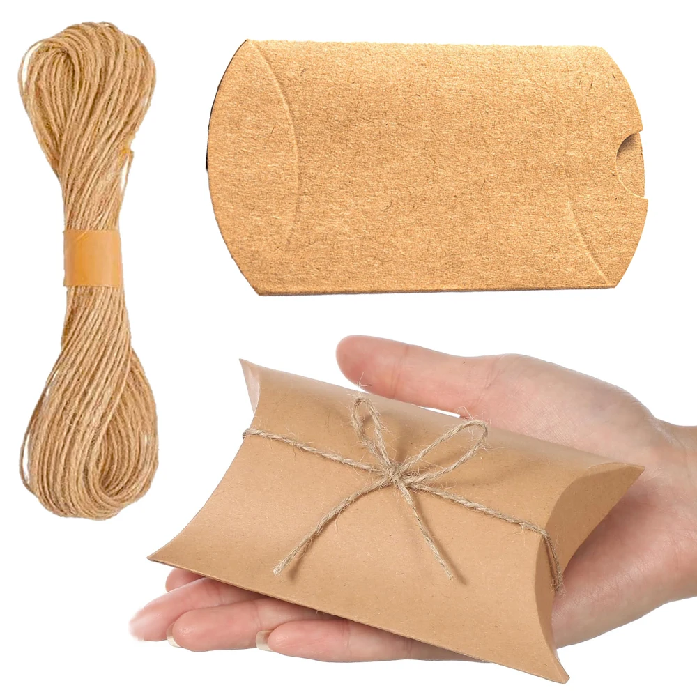 

50pcs/Lot Paper Pillow Foldable Gifts Box with 20m Jute Rope For DIY Candy Christmas Wedding Party Packaging Making Supplies