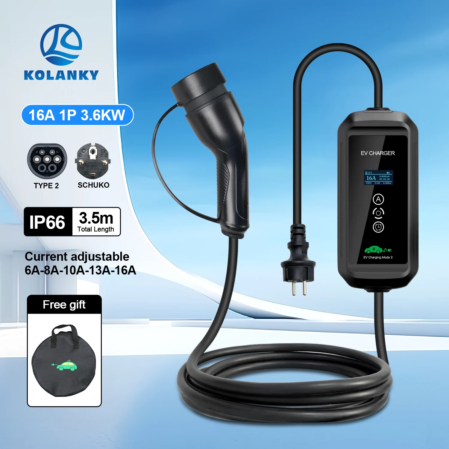 

Портативное зарядное устройство для электромобилей Kolanky 16A 3.6кВт, Тип 2 IEC-62169, с задержкой 1-15 часов, настенная зарядная станция, общая длина кабеля 3.5м