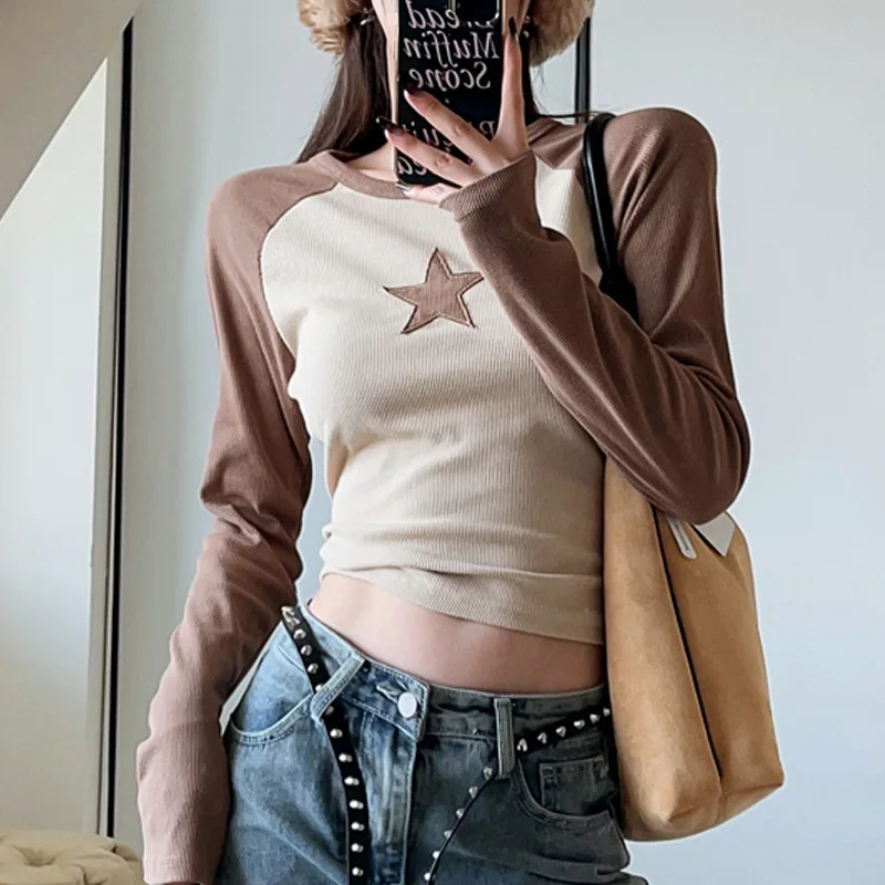 Women Vintage y2k Star Graphic Crop Tops O-neck Long sleeved T-shirt Grunge Streetwear Harajuku Aesthetic Splicing T-shirts