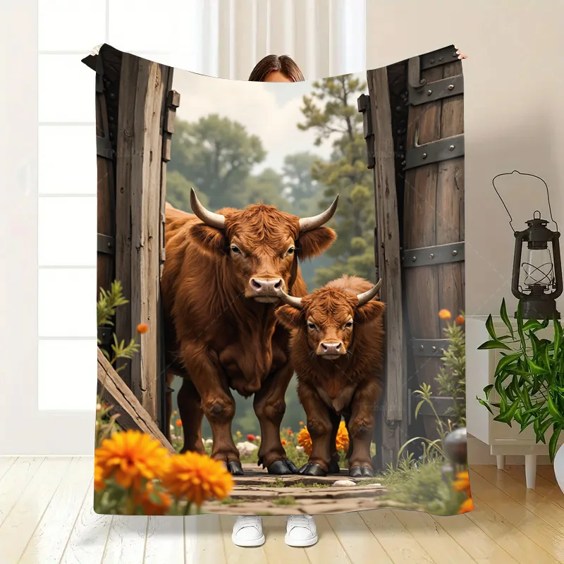 1pc Flannel Blanket Rustic Barn Scene Blanket with Highland Cows and Wildflowers