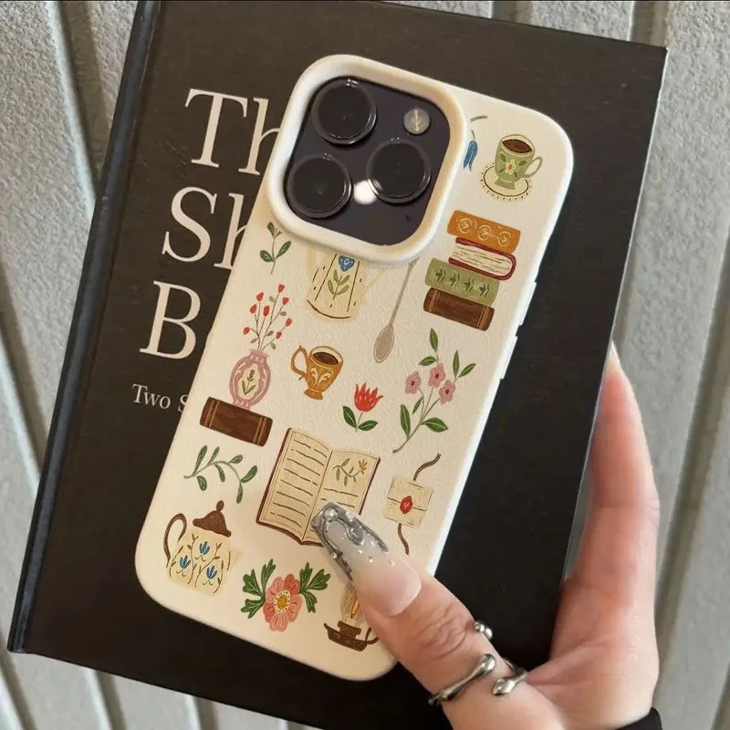 

Phone Case For Xiaomi 13 14 15 13T 14T 15T Poco X5 X6 X7 M6 F5 F7 Pro F6 Literary Floral Book Tea Set Pattern Candy Matte Cover