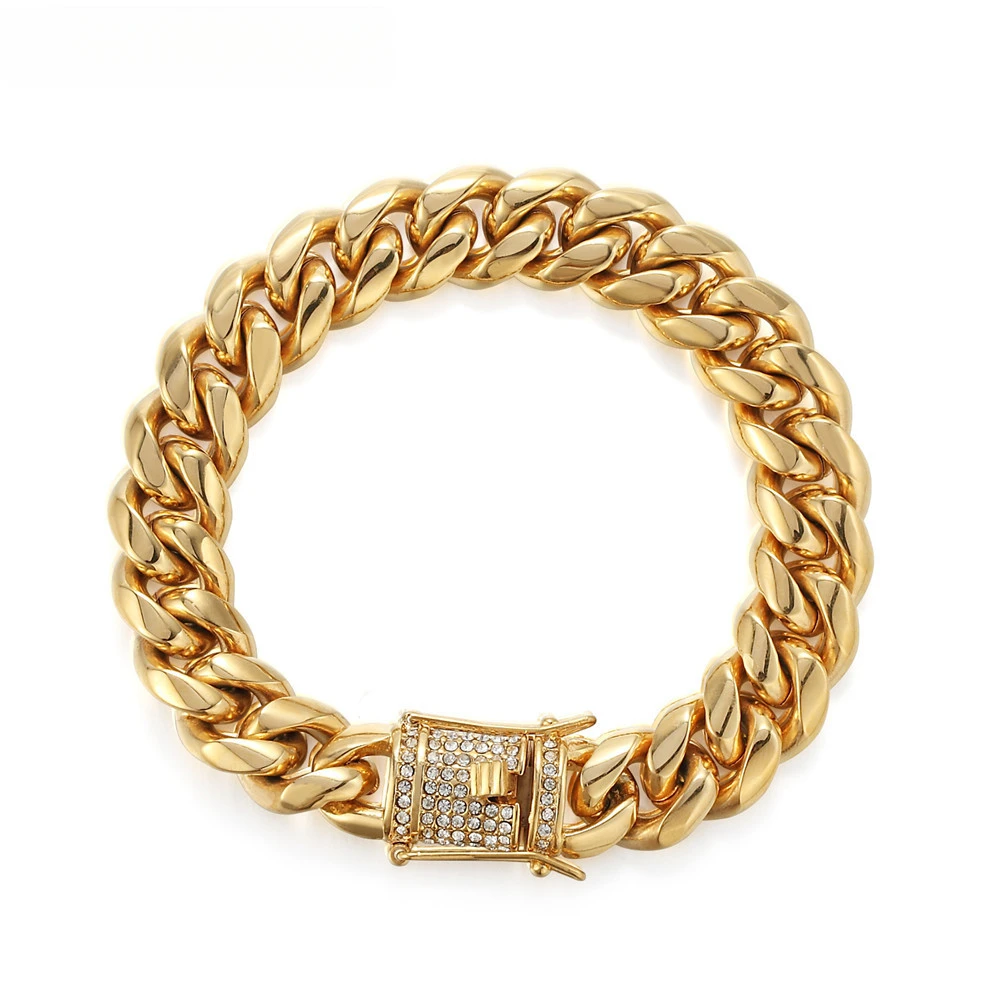 

8/10/12/14/16/18MM 9 Inch Men's Simple Gold Plated Diamond Cuban Chain Hip-hop Stainless Steel Link Bracelets