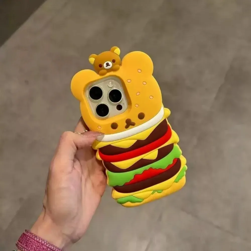 Nueva funda de teléfono de silicona con dibujos animados 3D Fun Burger Rilakkuma para iPhone 12 13 14 15 16 Pro Max 14 15 Plus, funda protectora a prueba de golpes