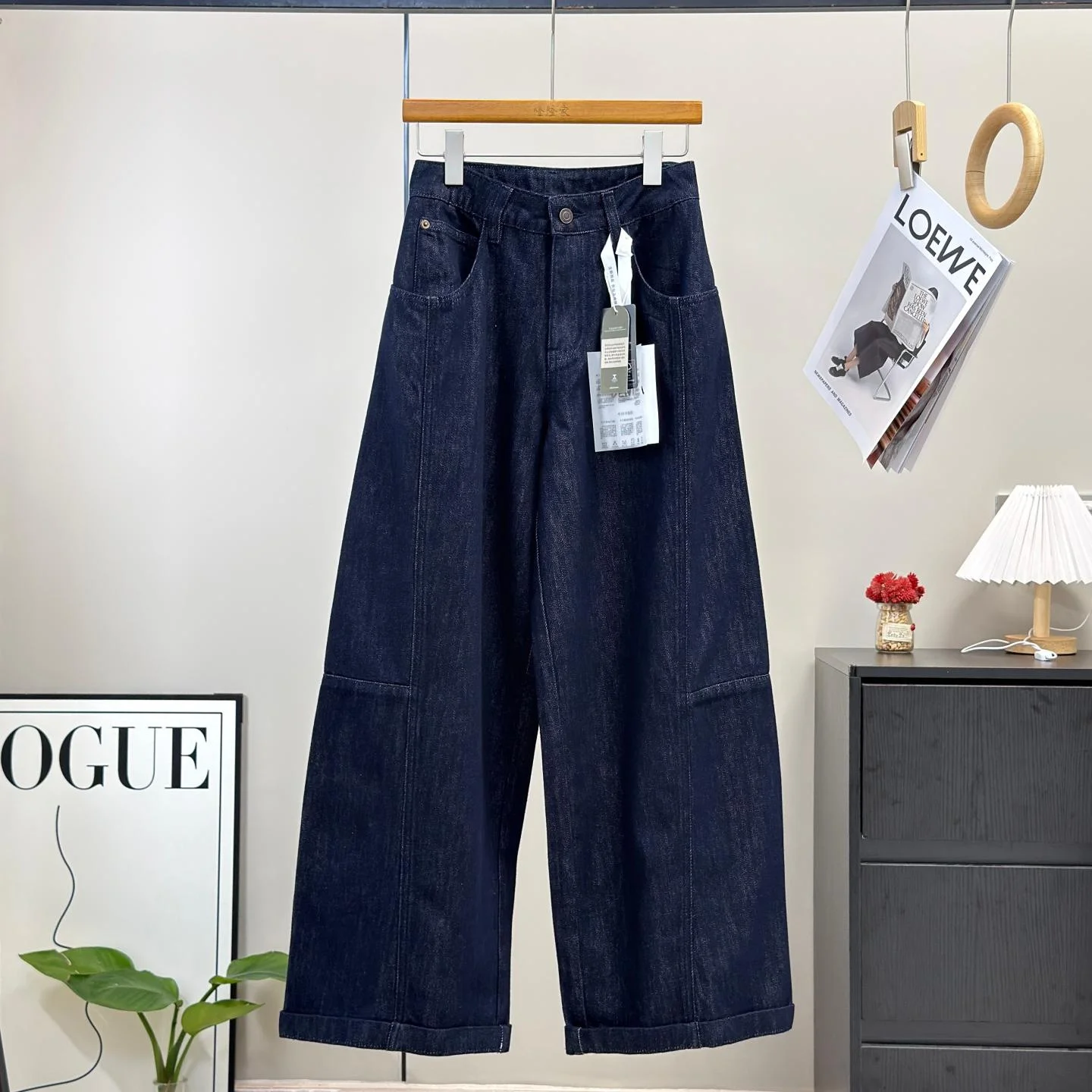 Slimming Wide Leg Jeans High Waist Straight Cut Ruche Splicing Design Vintage Cotton Denim Women's Autumn Fashion