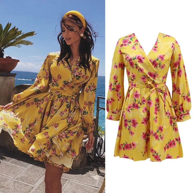

Fashion Dress Deep V Neck Floral Print Mini A Line Women Clothings Summer Long Sleeve Lady Outfits Vestidos Para Mujer