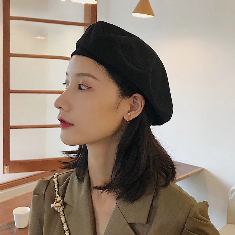 Baret katun padat Vintage musim semi musim panas Perancis oktagonal ke depan topi pelukis jalan baret topi wanita gadis