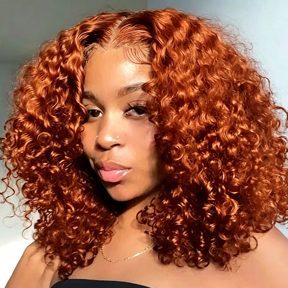 Tief gewellte, orange gesträhnte kurze Bob-Perücke, Wasserwellen-Optik, 13x4 Lace-Front, 180% lockige Bob-Perücke, vorgezupft mit Babyhaar, Echthaar-Perücke