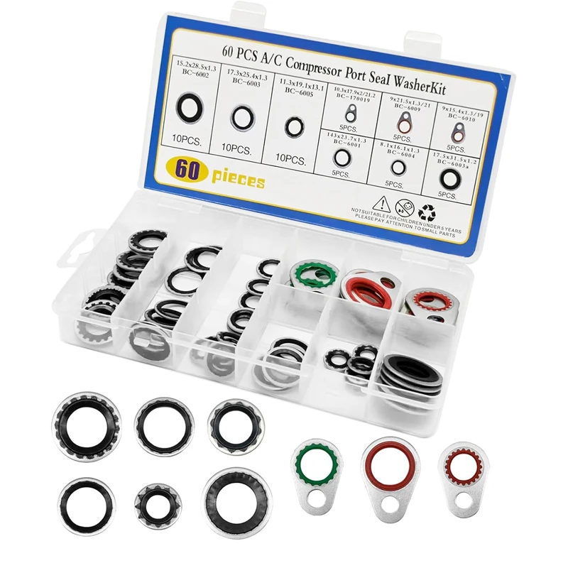 

60 Pieces A/C System Compressor Gasket Seals Air Conditioning Compressor Port Seal Washer Kit 9 Sizes Gasket Bonded Seal