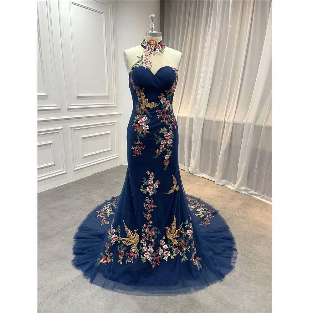 

Women Mermaid Navy Embroidery Flowers Lace Off Shoulder Backless Wedding Cheongsam