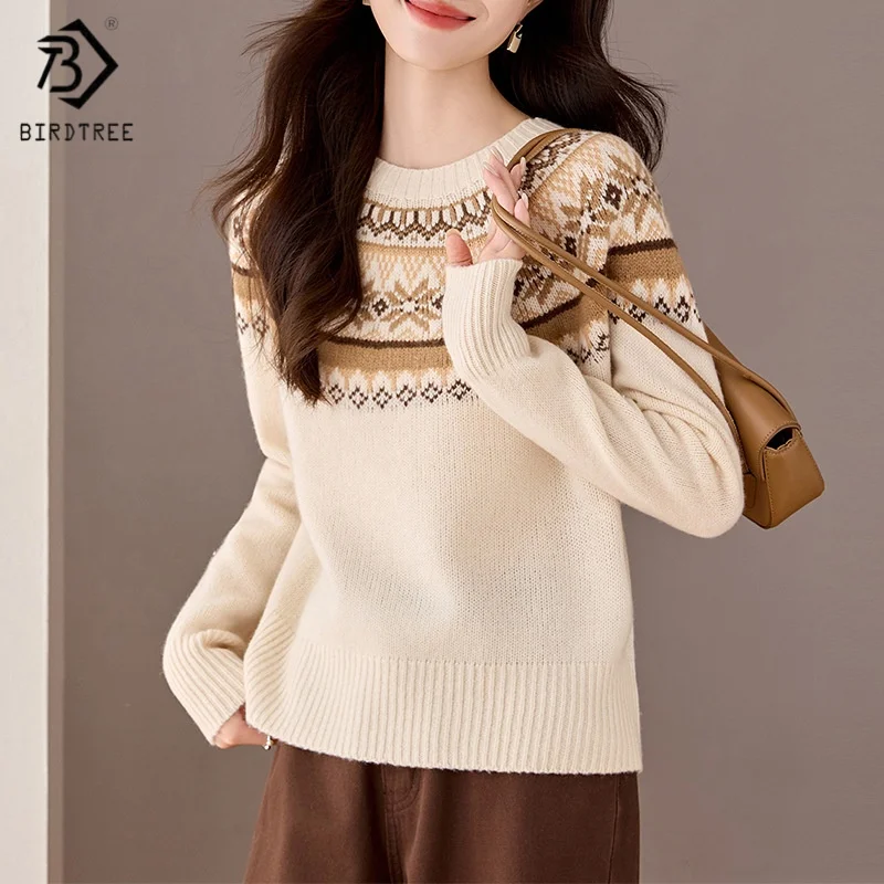 

Birdtree,100% Sheep Wool Knitted Sweater,Woman Jacquard O-neck Warmth Knitwear,2025 Autumn Winter Slim Fit Pullover T5N516JF