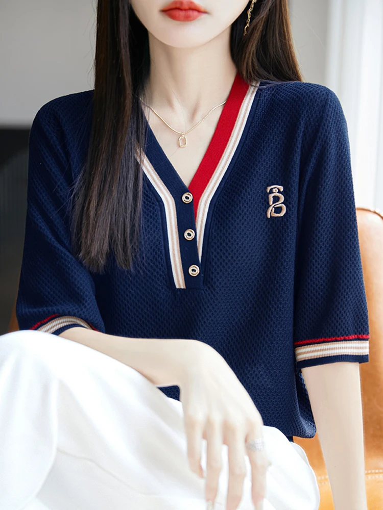 

Трикотажная футболка V-Ne Ice Silk ort Sve, женская летняя базовая футболка, модная, больших размеров, в Корейском стиле, с креативным узором, тонкая