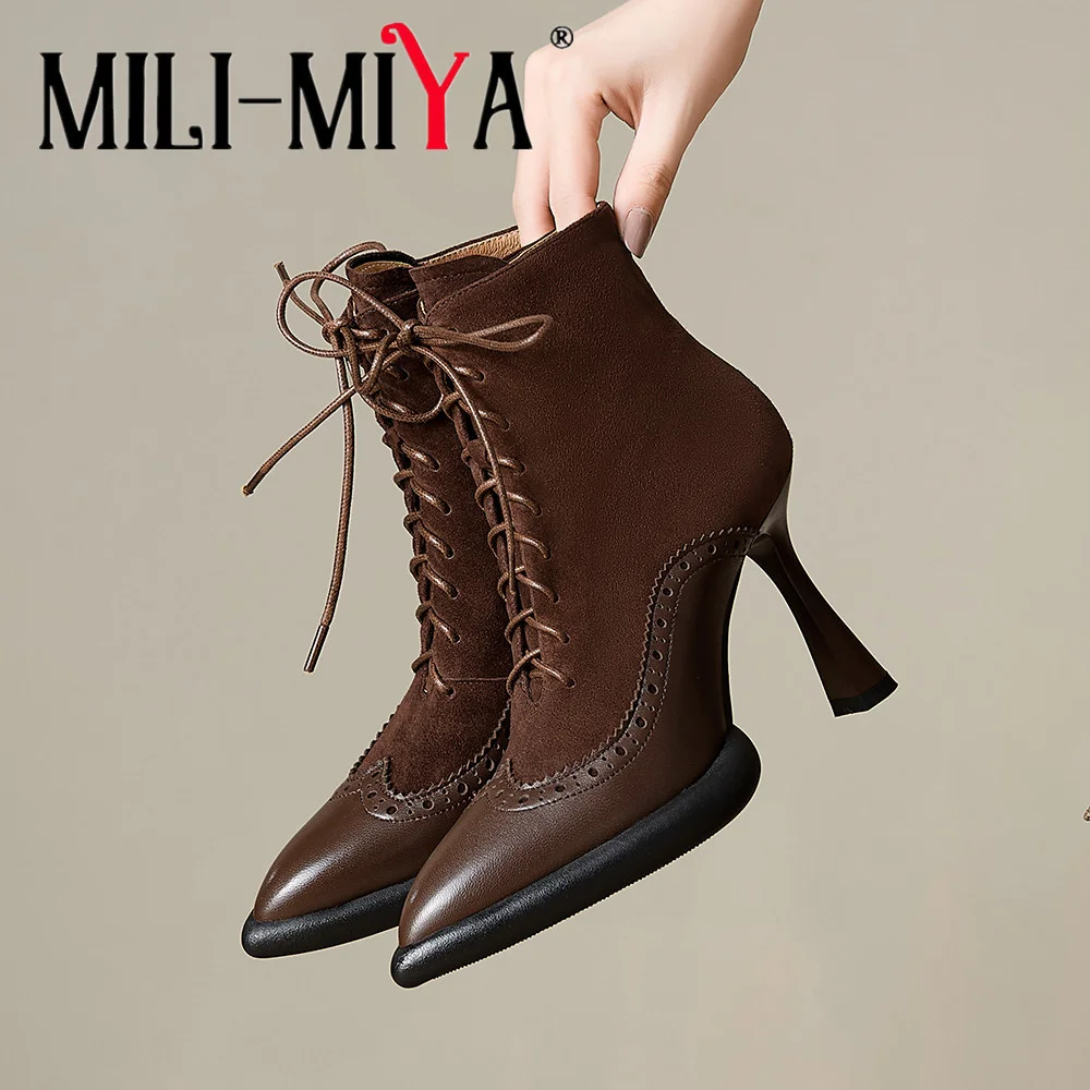 

MILI-MIYA Women Cow Leather&Kid Suede Splicing Ankle Boots Pointed Toe Super High Thin Heels Solid Color Zippers Dress Party