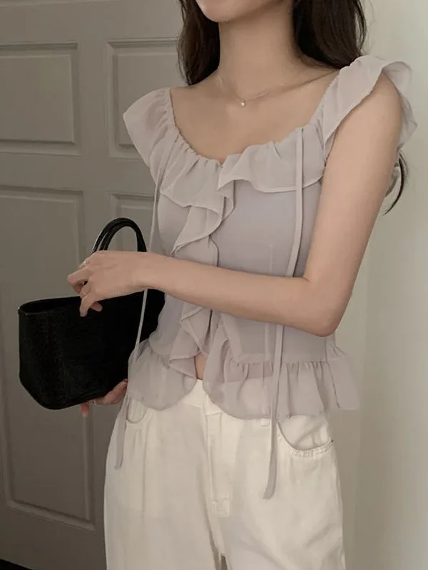 Korean Style Chic Pleated Short Top with Lace Trimed Sleeveless Vest Folded Hemline Women's Fashion Spring Summer Autumn