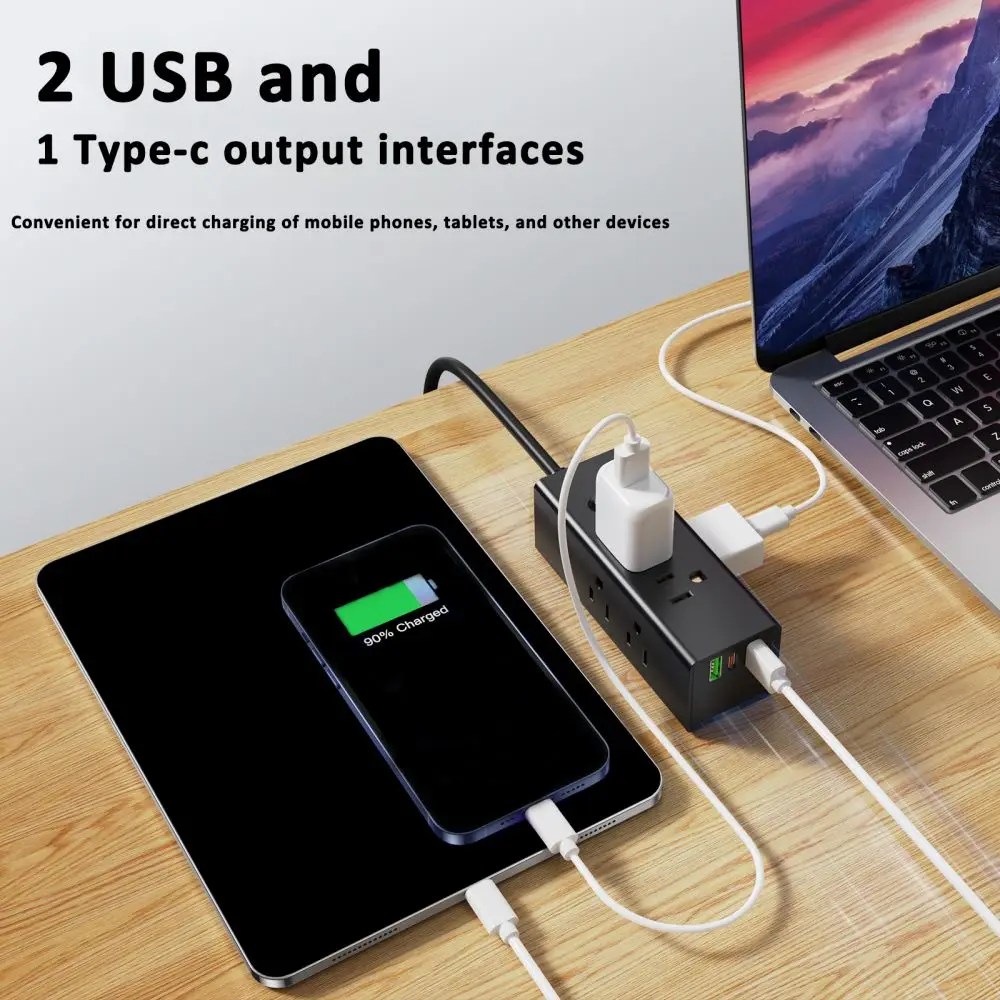 US Plug Power Strip 6 AC Outlets Multitap Electrical Socket Extension Cord With USB C Ports Fast Charging Network Filter Adapter