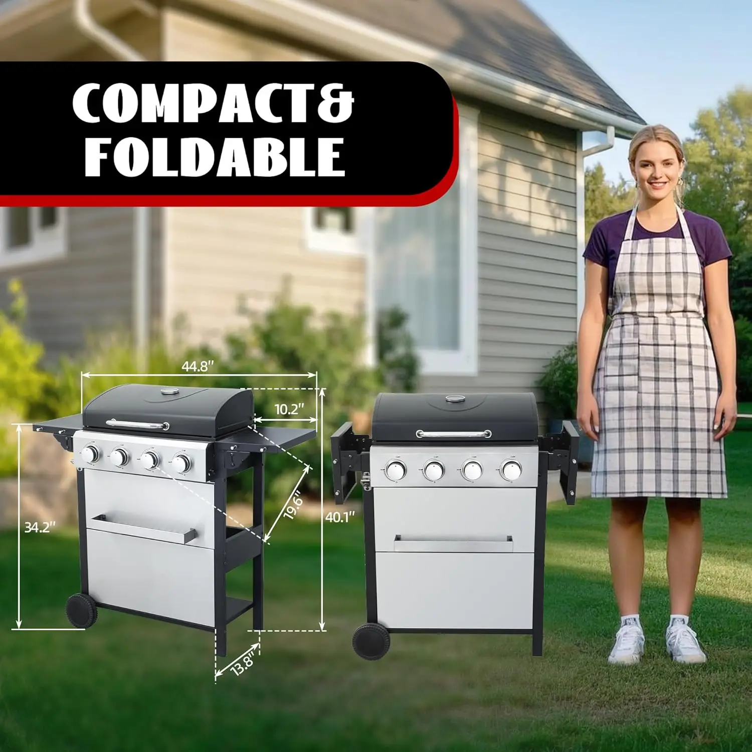 شواية غاز البروبان ذات 4 شعلات مع طاولتين جانبيتين قابلين للطي، شواية شواء خارجية بقدرة 34,200 وحدة حرارية بريطانية مع تثبيت لهب مطلي بالبورسلين، مدمجة