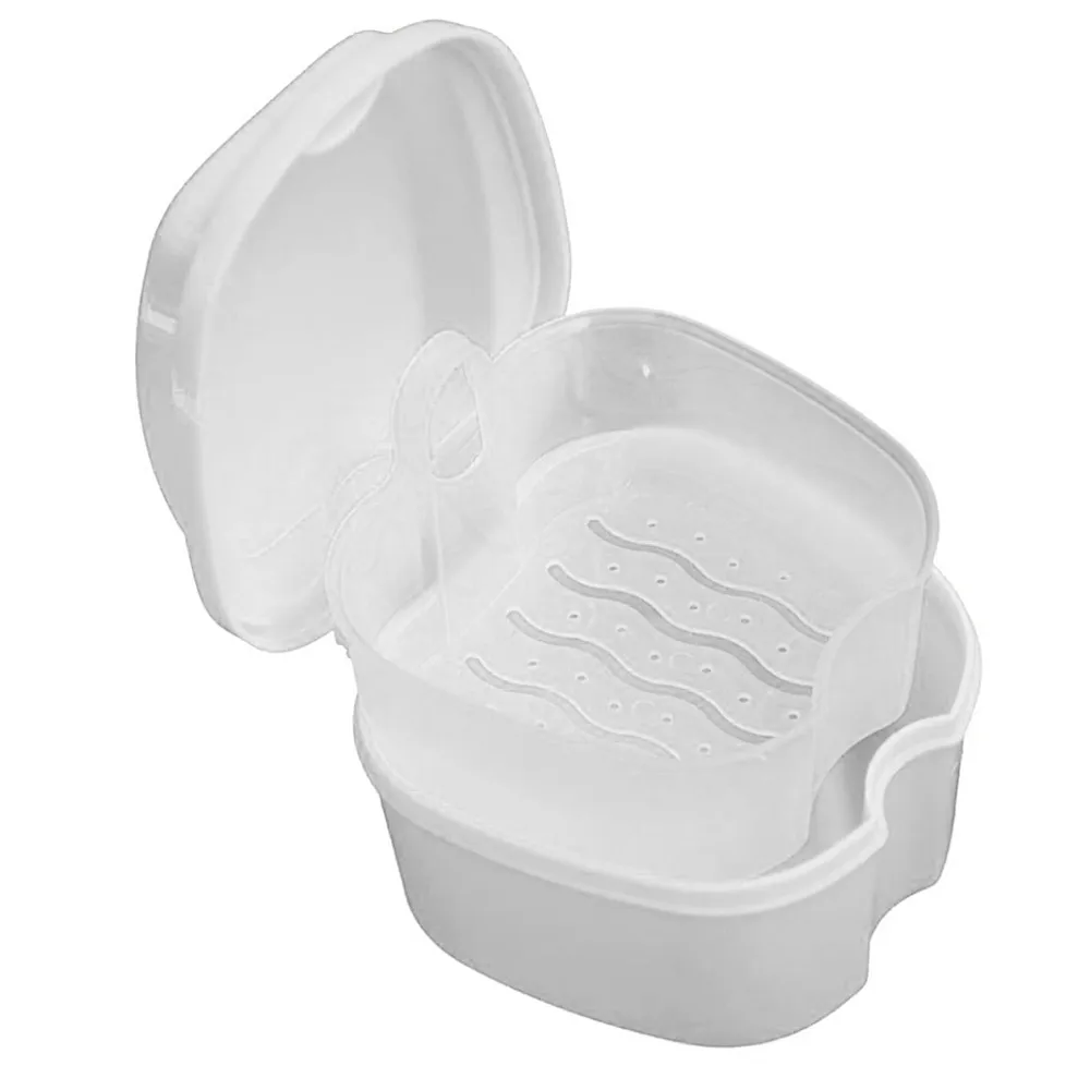 Portable False Teeth Storage Box with Hanging Net Container Oral Denture Care Bath Box False Teeth Cleaning Nursing Organizer