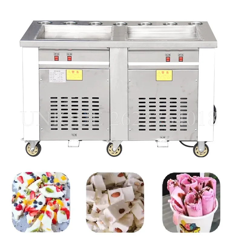 Automatic Double Square Flat Pan Instant Thailand Rolled Ice Cream Maker Thai Stir Fry Tawa Roller Fried Ice Cream Roll Machine