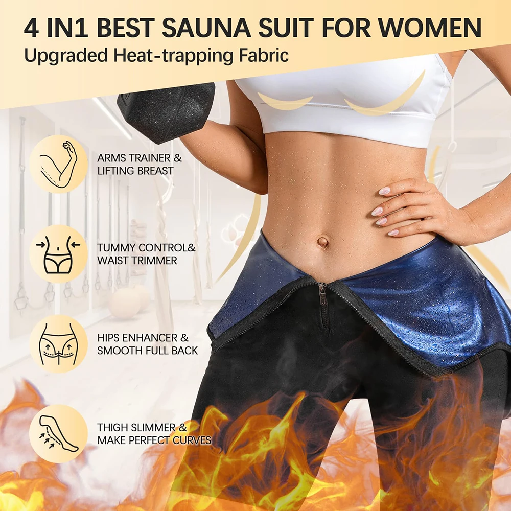 3 In 1 Sauna Suit for Women Full Body Waist Trainer Zipper Short Sleeve Sweat Suit Slimming Body Shaper Workout Tops Jumpsuit