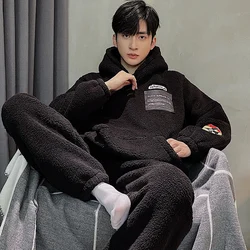 Coral Fleece Pajamas Men's Autumn and Winter Fleece-lined Thickened Flannel Black Boys Plus size Winter Hooded Homewear Set