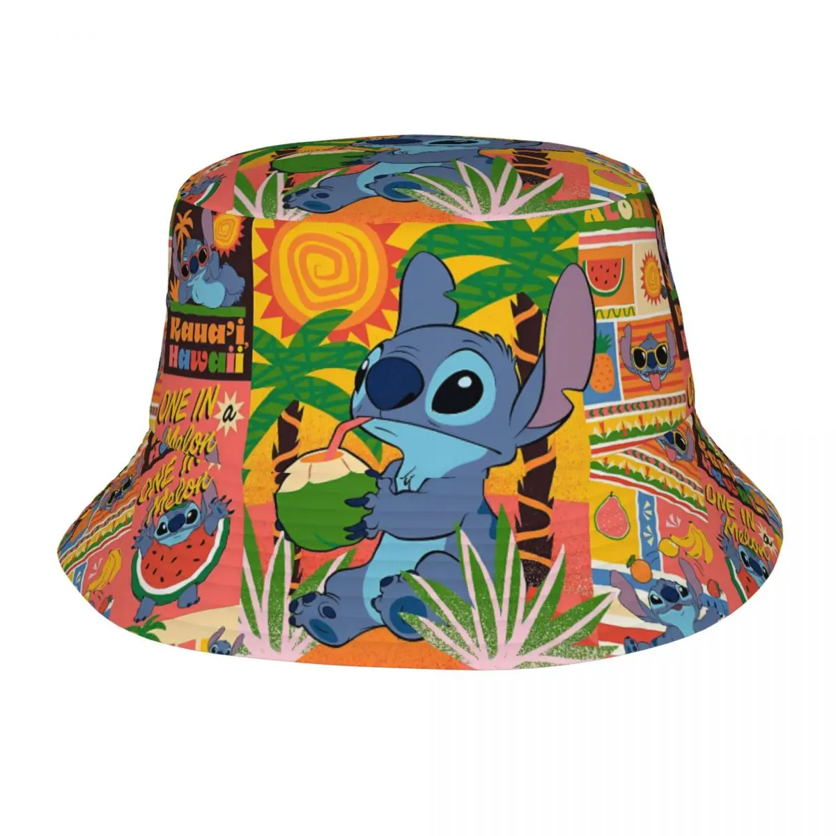 

Streetwear Stitch Cartoon Bucket Hat Women Men UV Protection Outdoor Sunset Coconut Tree Fruit Hat Spring Headwear Boonie Hat