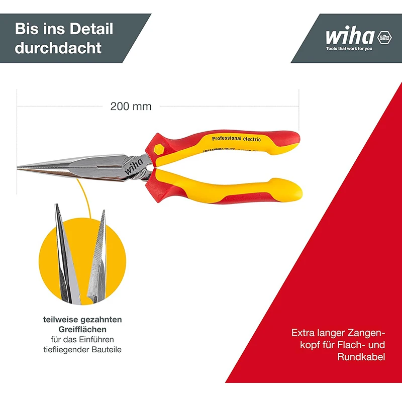 Wiha 26727 Electric Needle Nose Pliers 8-inch 1000V VDE-test Insualted Professional Plier with Cutting Edge Straight Shape