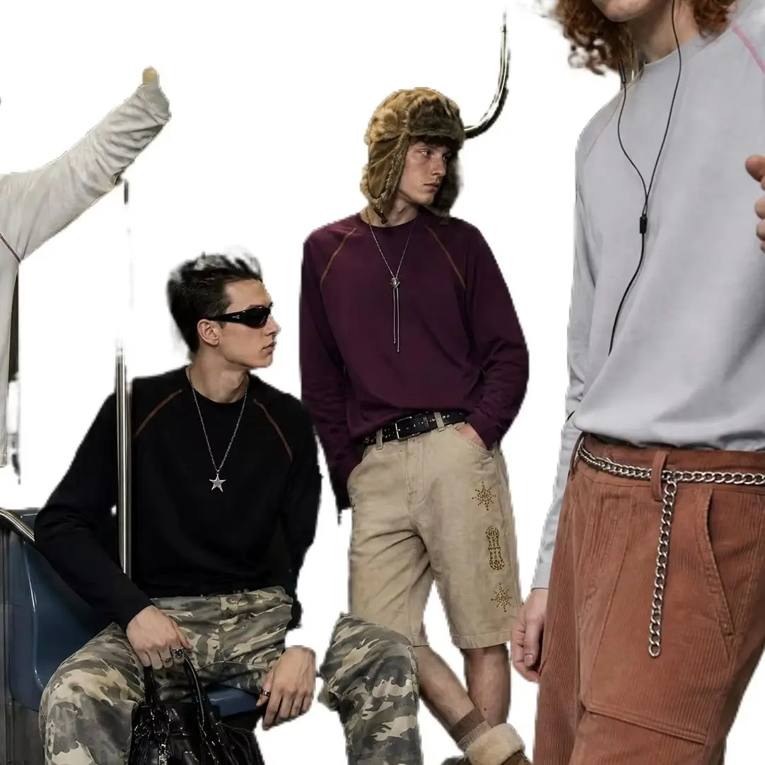 Fruit Printed Elastic Sports Long Sleeve T‑Shirt Autumn New American Style Contrast Color Stitching Line Casual Tops