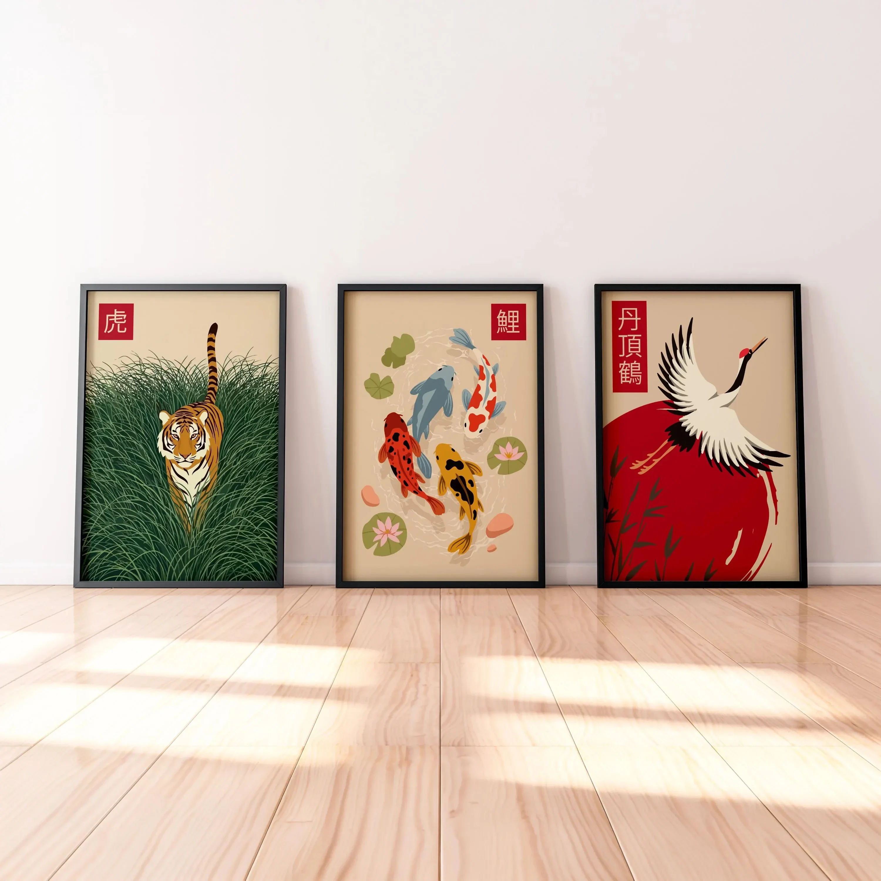 3Pcs Vintage Ukiyo-e Asian Wall Art, Tiger Koi Fish Red Crowned Crane Canvas Prints, Oriental Lucky Animal Wall Arts, Home Decor