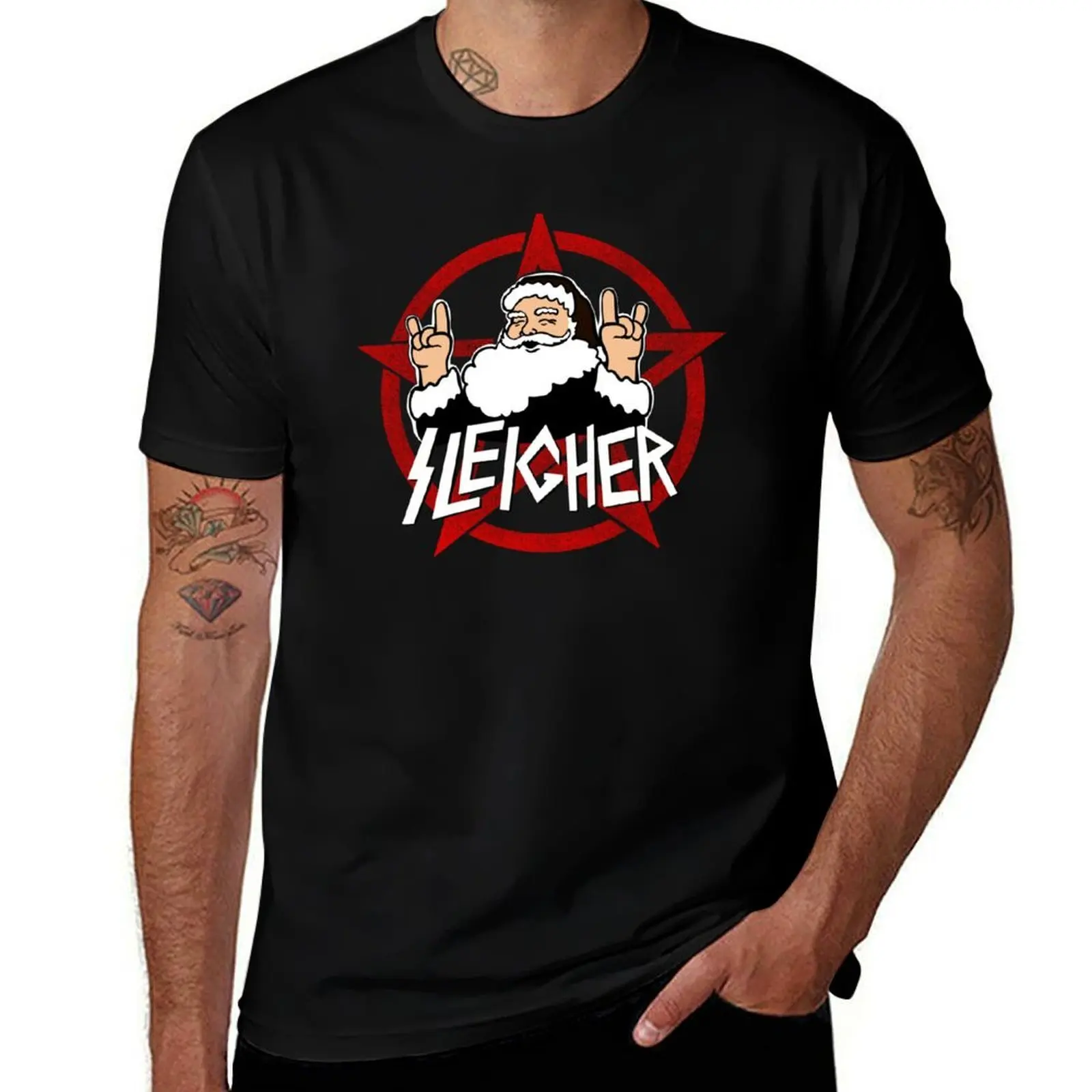 Santa goes Metal Santa Sleigher Funny Christmas for Metalheads T-Shirt Large Size Casual Short Sleeve Top T-Shirt