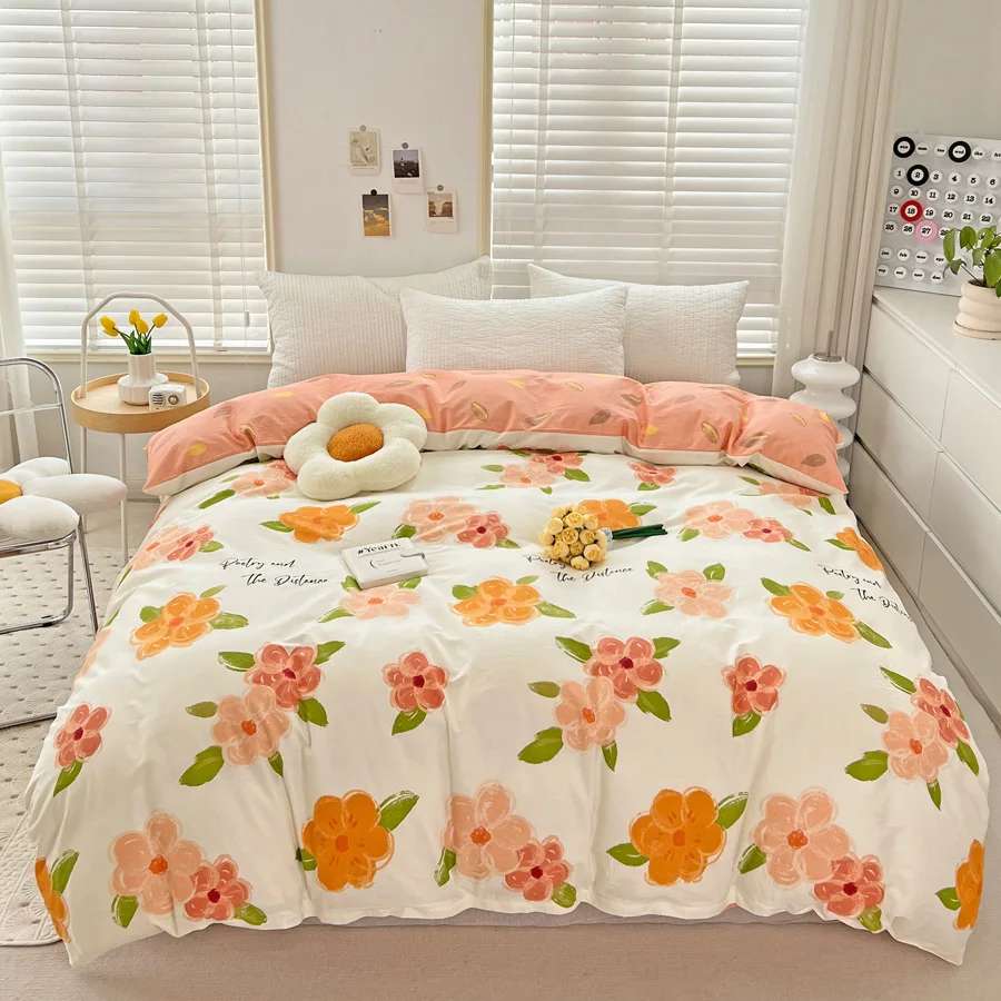 

Vintage Orange Floral Duvet Cover 100% Cotton Reversible Bedding Quilt Cover Soft Cozy Breathable Bedroom Decor for All Seasons