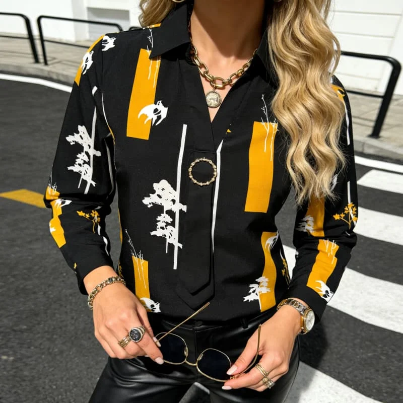 

2026 New Elegant Contrasting Color Turn-down Collar Long Sleeved Women's Shirt Spring and Autumn Chic Casual Office Lady Shirts