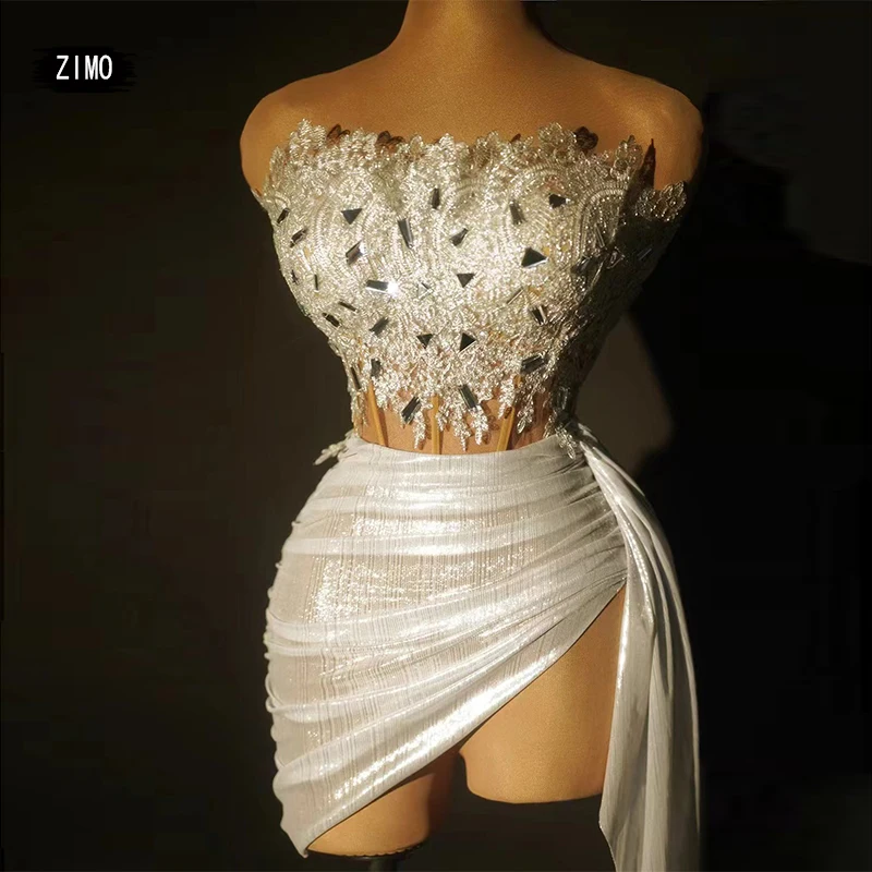 

Sexy Fashion Women Dress White Backless 2 Pieces Lace Prom Party Nightclub Birthday Dance Stage Performance Drag Queen Costumes