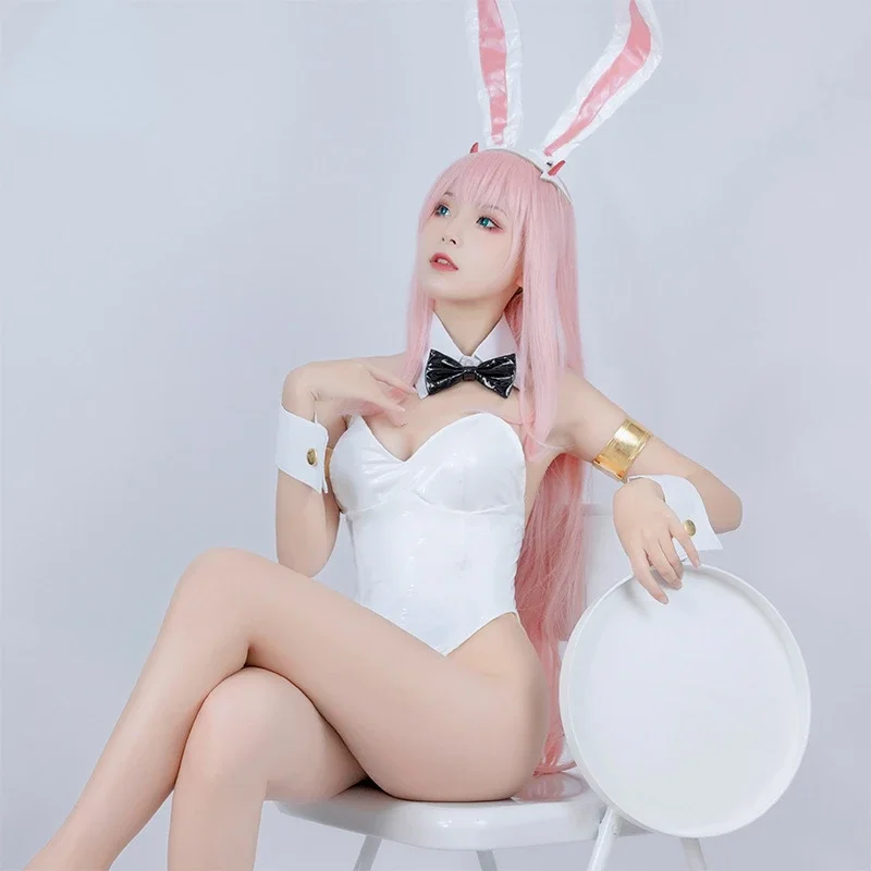 DARLING in The FRANXX National Team Female ZERO TWO 02 Cute Kawaii Bunny Girl Cosplay Costume White PU Leather Bodysuit Women