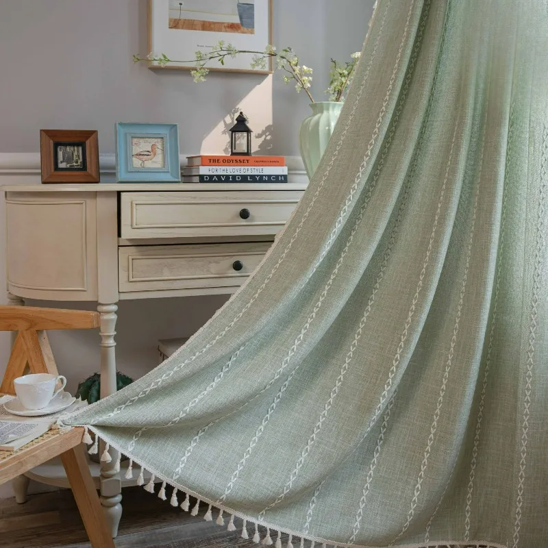 Stripe Embroidery Solid Color Kitchen Curtains for Living Room Short Vintage Home Decoration Tassel Drapes Kitchen Valance