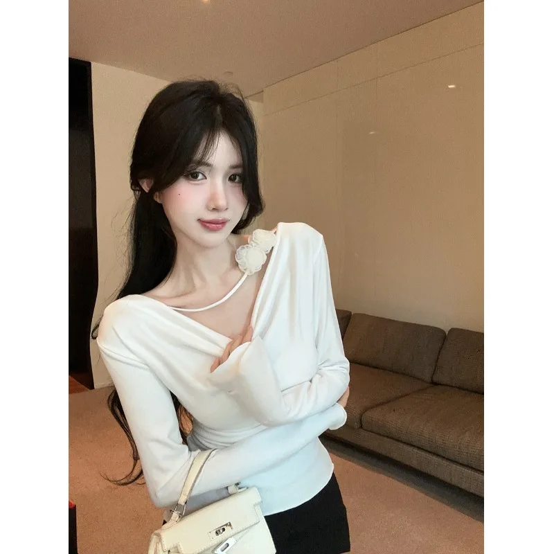 

Элегантная женская приталенная футболка с красивыми 3D-цветами, осенне-зимняя, мягкая и нежная базовая модель, бренд Nicole Rose