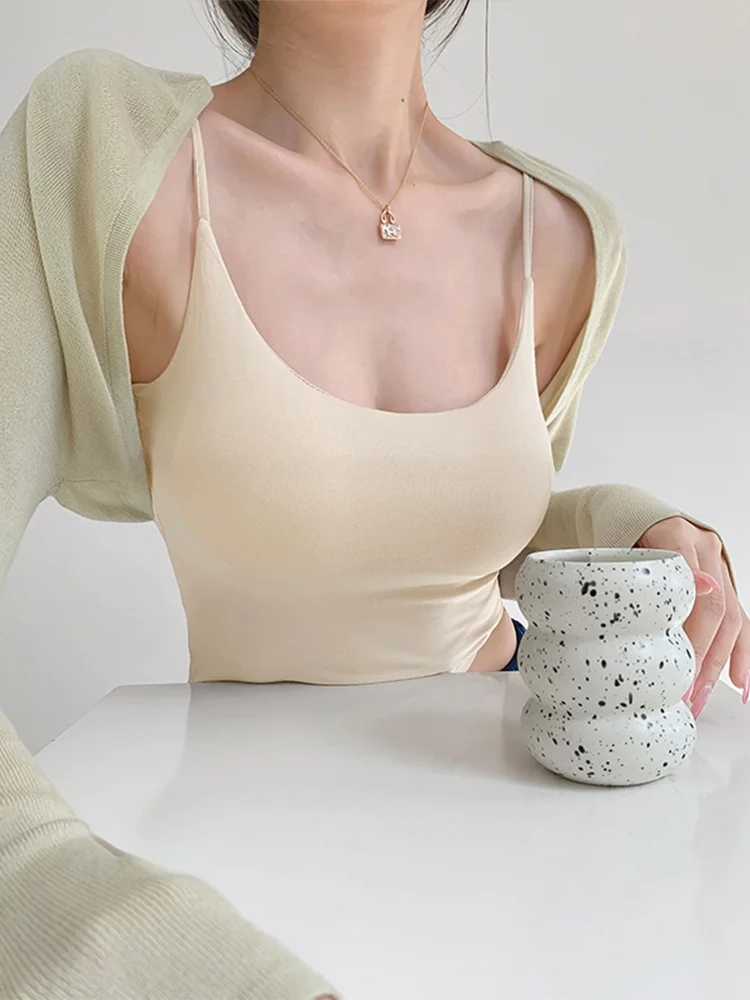 Sexy Tight Women's Vest Top with Chest Pad  Strap Backless Integrated Base Shirt Inner Wear Short Style Commute Style