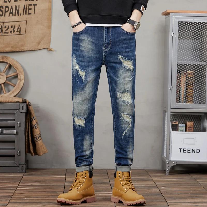 Spring and Autumn Jeans Men's High Street Nostalgic Straight Leg Elastic Jeans denim ripped  mens jeans  streetwear men