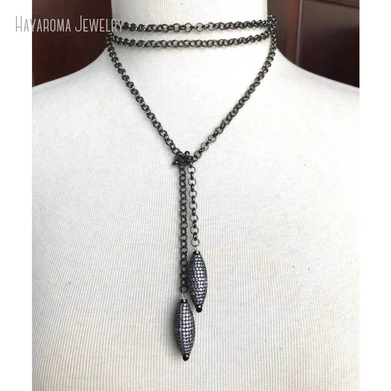 

10Pcs Lariat Gunmetal Chain Multi Wrap Necklace With Pave Crystal Oval