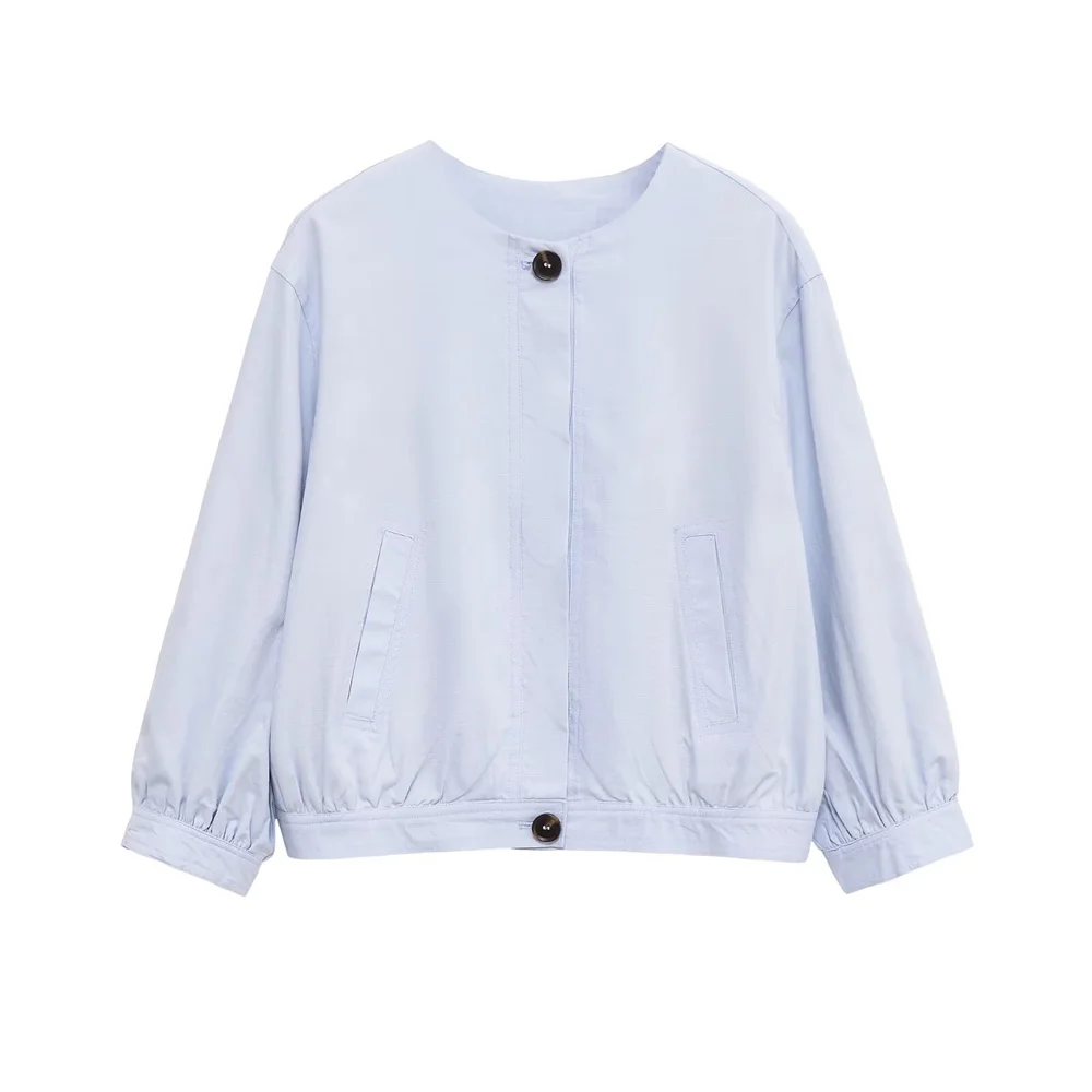 

BMURHMZA women's new minimalist style pocket trimmed round neck long sleeved solid color casual versatile pilot jacket jacket