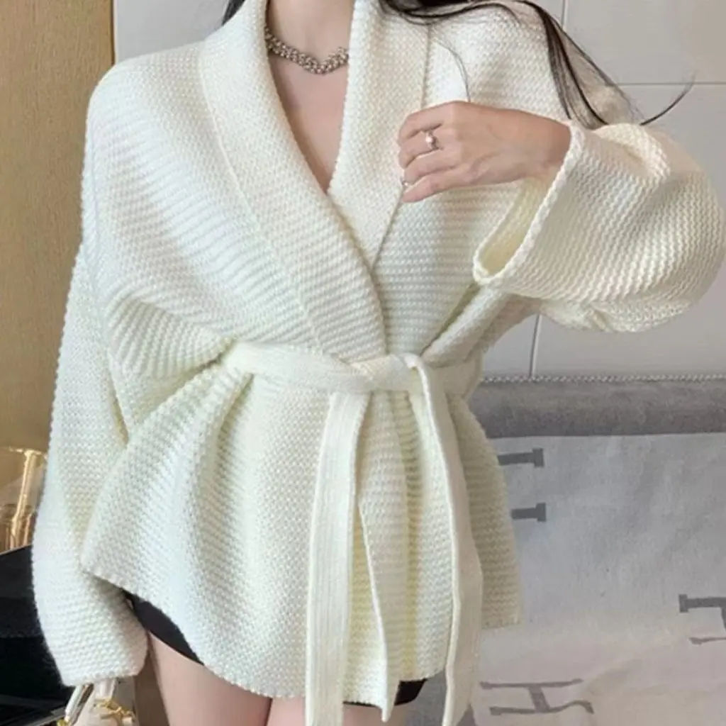 

Women's European And American Style Lace-Up Bathrobe Sweater Loose Fit Mid-Length Cardigan for Autumn Winter Lazy Style