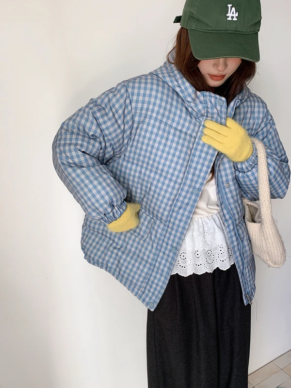 

Cute Plaid Hooded Cotton Jaet Women's Korean Sle ort Bread Sweet id Cotton Coat Small Size Outerwear