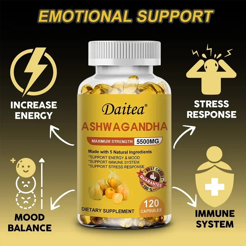 Suplemento orgánico Ashwagandha con raíz de cúrcuma, 5500 Mg, estrés, estado de ánimo, enfoque y salud energética, 30/60/120 cápsulas