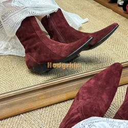 Retro Velvet Red Pointed Knight Boots Suede Side Zipper Chunky Heel Chelsea Ankle Boots Women 2024 Autumn New Fashion Shoes