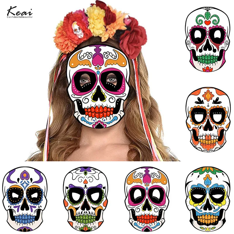 6 szt. Meksykański dzień śmierci Halloween maska czaszki kobiet makijaż na imprezę piłka do maski Cosplay z elastyczną liną
