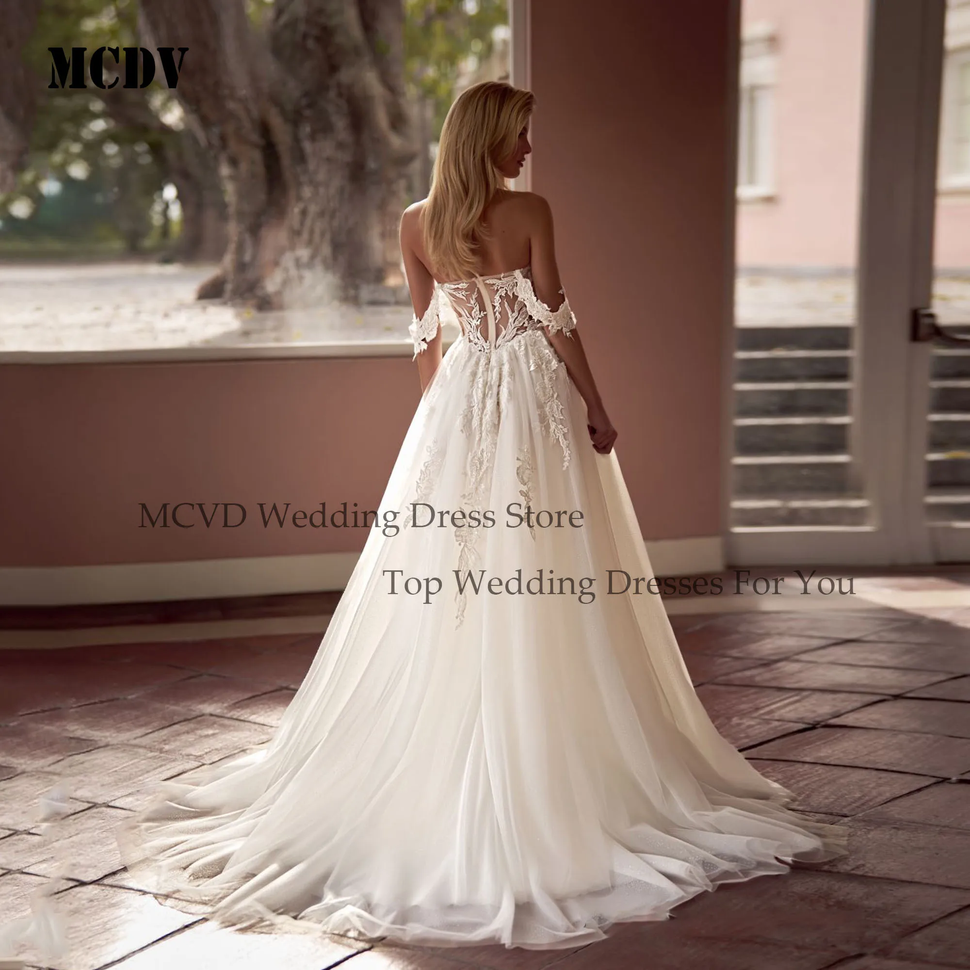 MCDV Off Shoulder Beach Wedding Dress Strapless Split A-Line Tulle Vestidos De Novia Boda Applique Lace Bride Gowns Customized